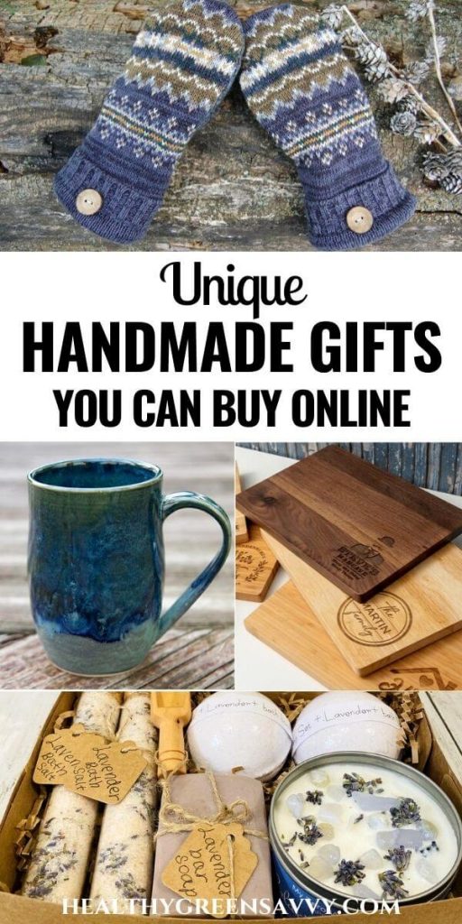 cover photo collage of handmade gifts you can buy: upcycled sweater mittens, handmade coffee mug, personalized wood cutting board, and handmade spa set