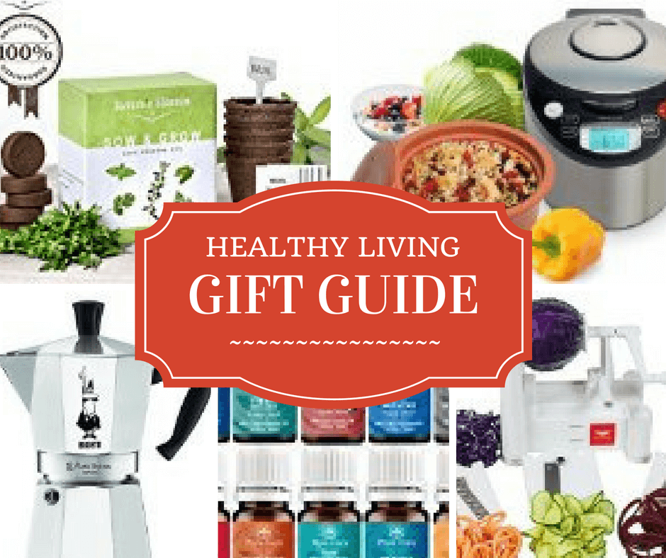 cover collage with photos of healthy living gifts: growing kit, instant pot, moka pot, essential oils, and spiralizer