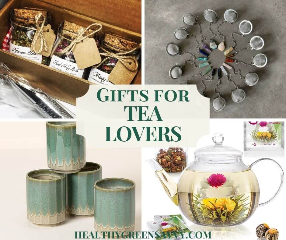 photo collage of gifts for tea lovers: loose tea, strainers, handmade teacups and glass teapot