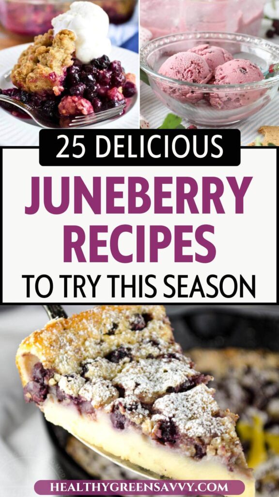 pin with collage of photos of serviceberry recipes included in post, plus title text