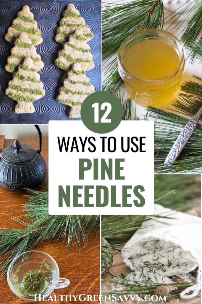 pin with photos of pine needle cookies, pine syrup, pine needle tea, and pine bath salts plus title text