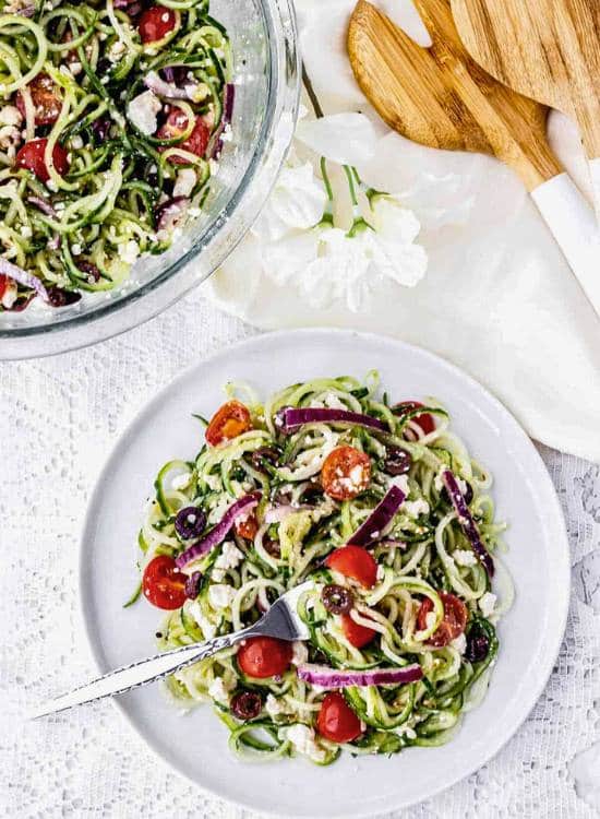 photo of spiralized Greek salad by Haute & Healthy Living